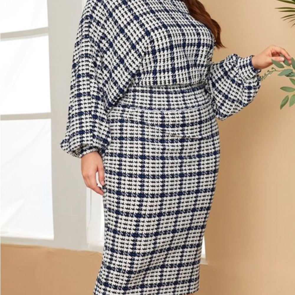 SHEIN Clasi Plus Houndstooth Lantern Sleeve Top & Skirt Set 2XL